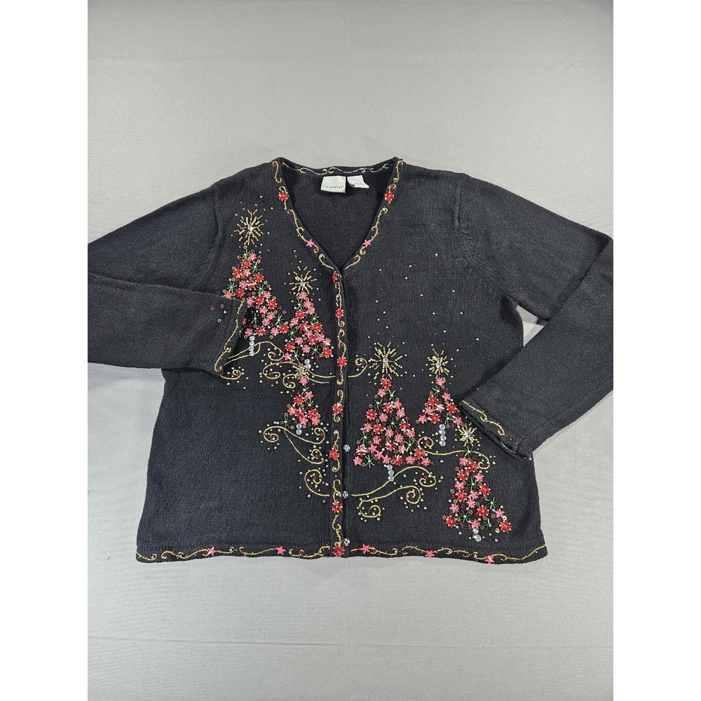 Kim Rogers Christmas Tree Cardigan Sweater Black Beaded Sequins Knit Large